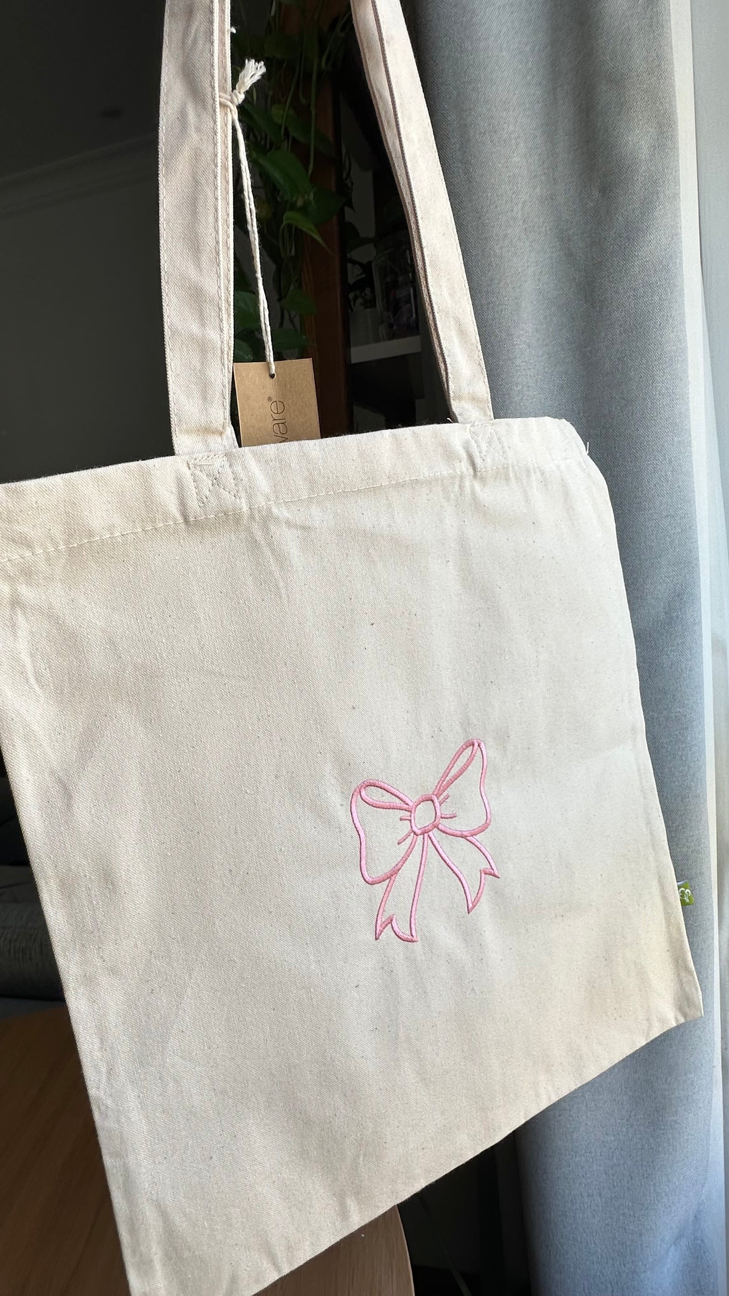 Ribbon Embroidered Tote bag, Pink Ribbon Accessories, Bow Embroidered Bag