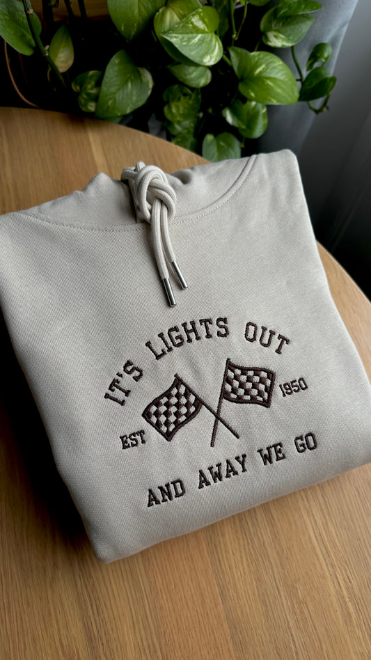 Checkered Flag-It's Lights Out And Away We Go Formula 1 Embroidered Premium Hoodies