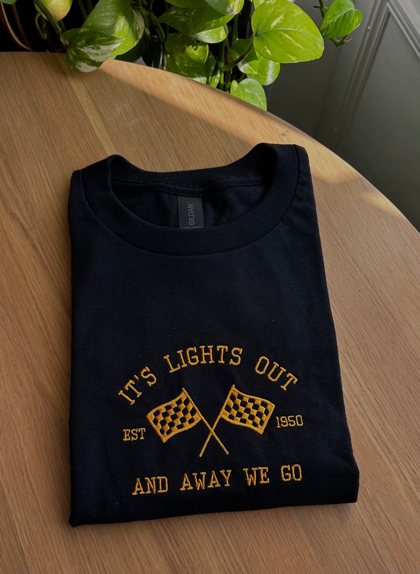 Checkered Flag It's Lights Out And Away We Go Embroidered Formula 1 T-Shirt