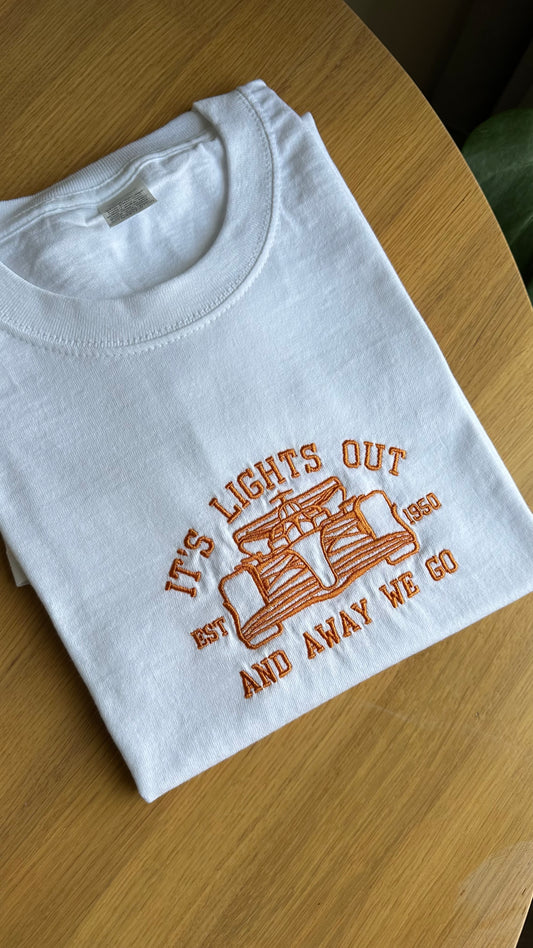 Formula 1 Car It's Lights Out And Away We Go Embroidered Formula 1 T-Shirt