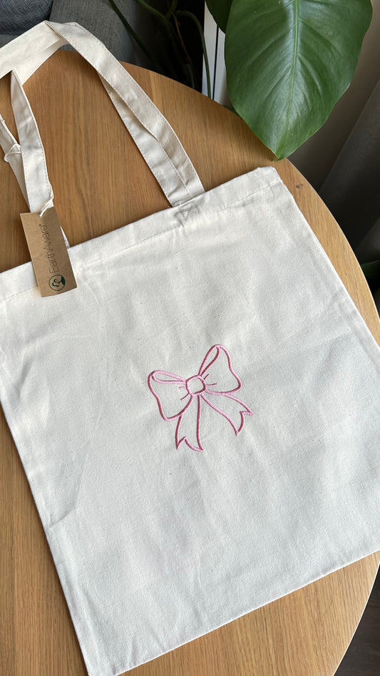 Ribbon Embroidered Tote bag, Pink Ribbon Accessories, Bow Embroidered Bag
